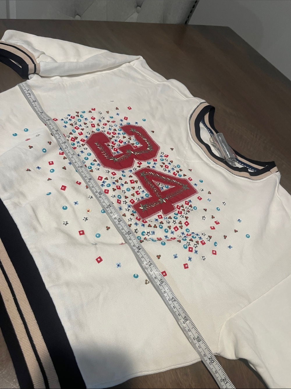 Anthropologie Cream Short-Sleeve Sweatshirt with Red '34' Graphic Sz S/P NWT - Picture 4 of 6